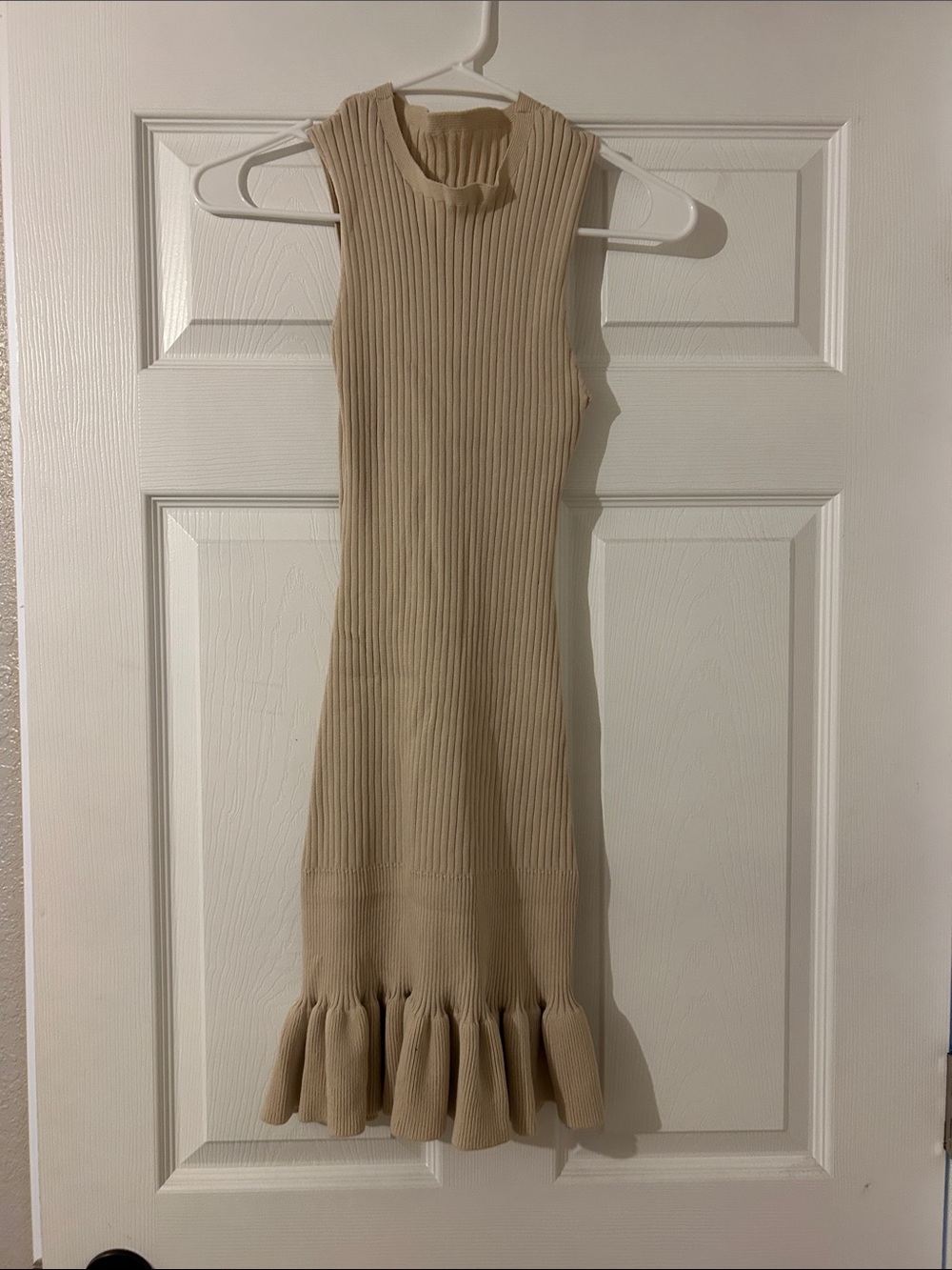 Beige Ribbed Knit Dress with Ruffle Hem